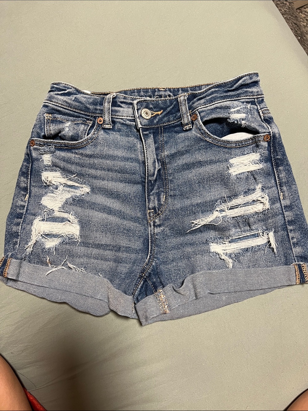 American Eagle Outfitters Ripped Blue Denim Roll-Hem Shorts
